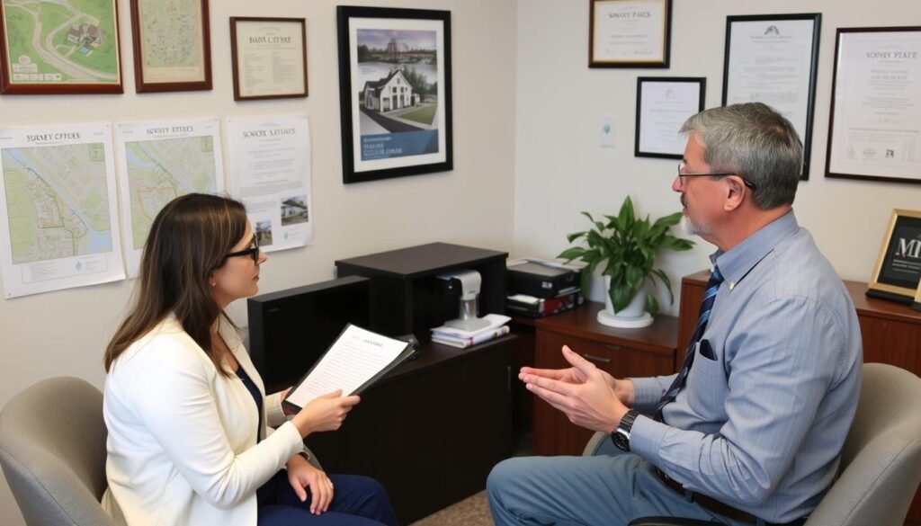 Client interviewing a surveyor in an office setting