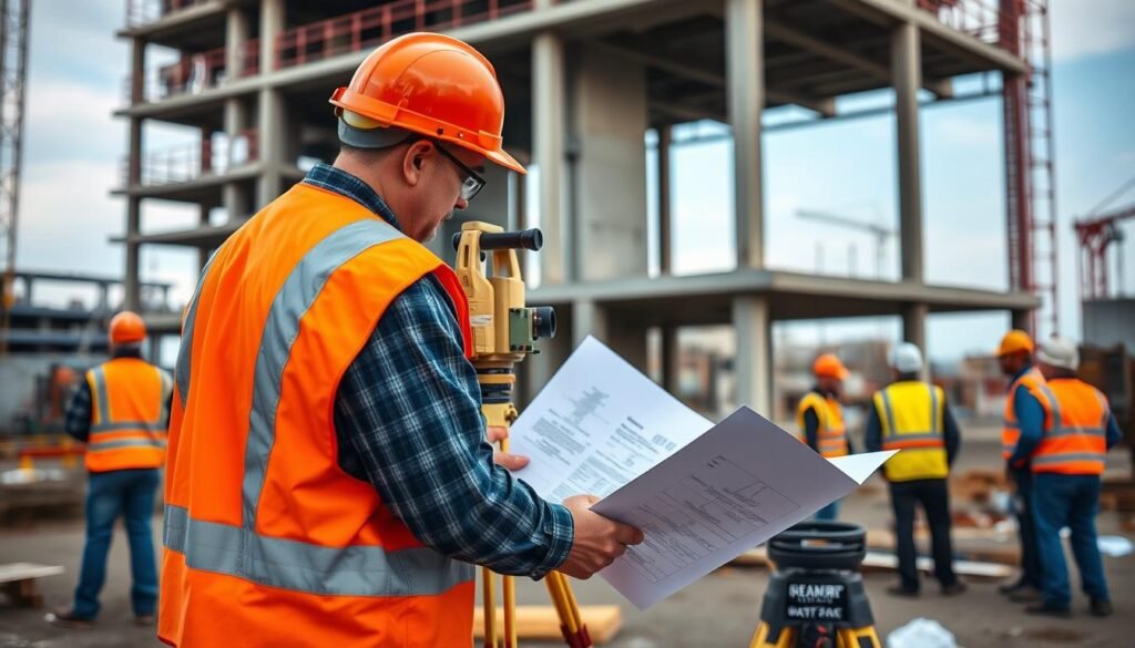 Construction surveyor working at a building site with blueprints
