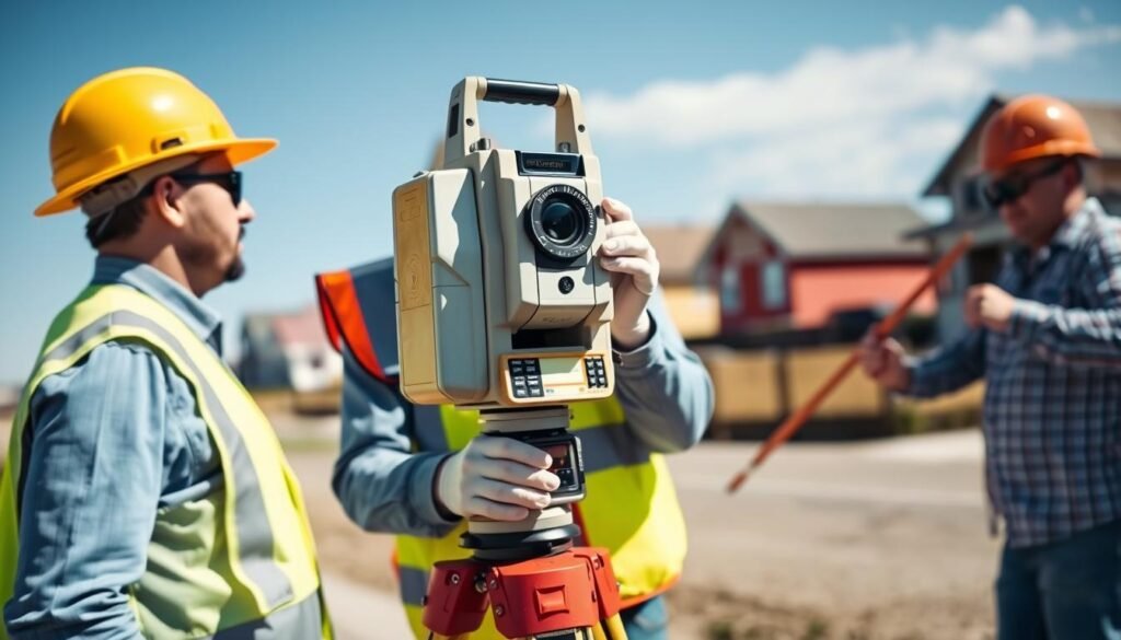 Land surveyor using modern equipment to measure property boundaries