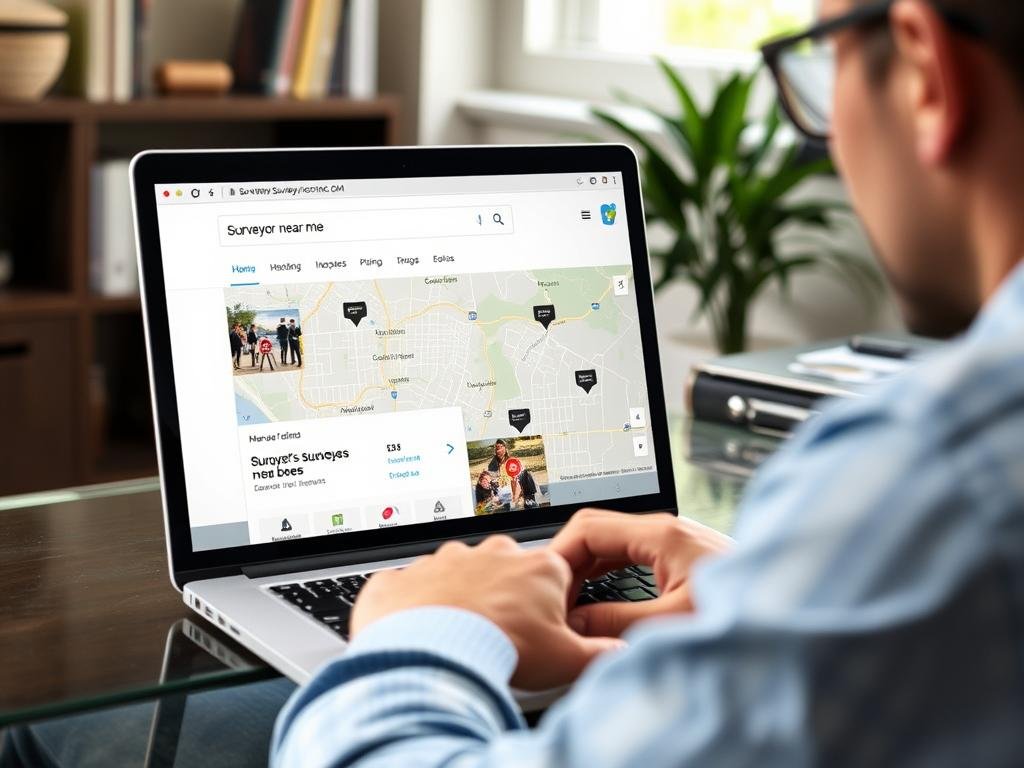 Person searching for surveyor near me on a laptop with a map visible