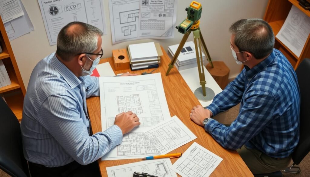 Professional surveyor reviewing property maps with a client