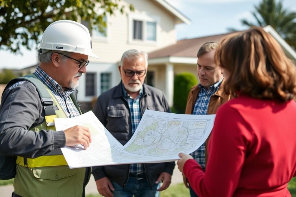 Property owners reviewing survey results with a professional surveyor