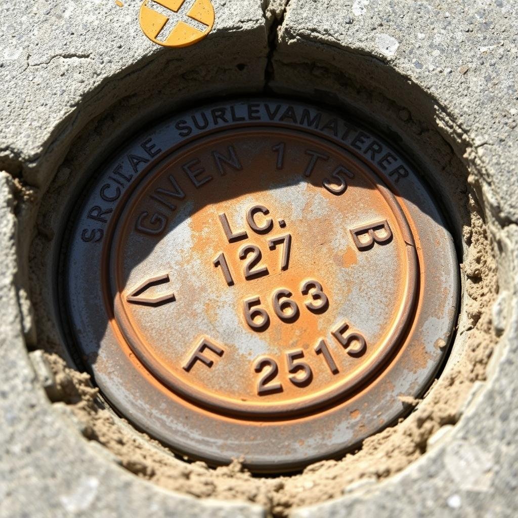 Survey benchmark marker embedded in concrete