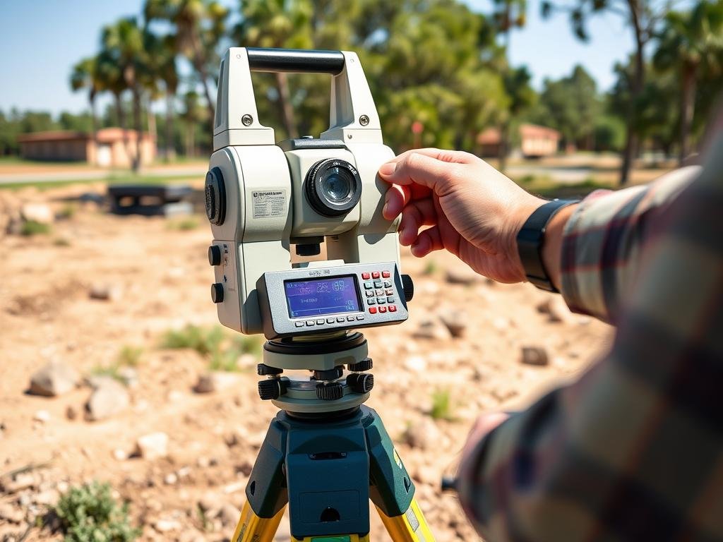 Surveyor conducting field measurements with GPS equipment