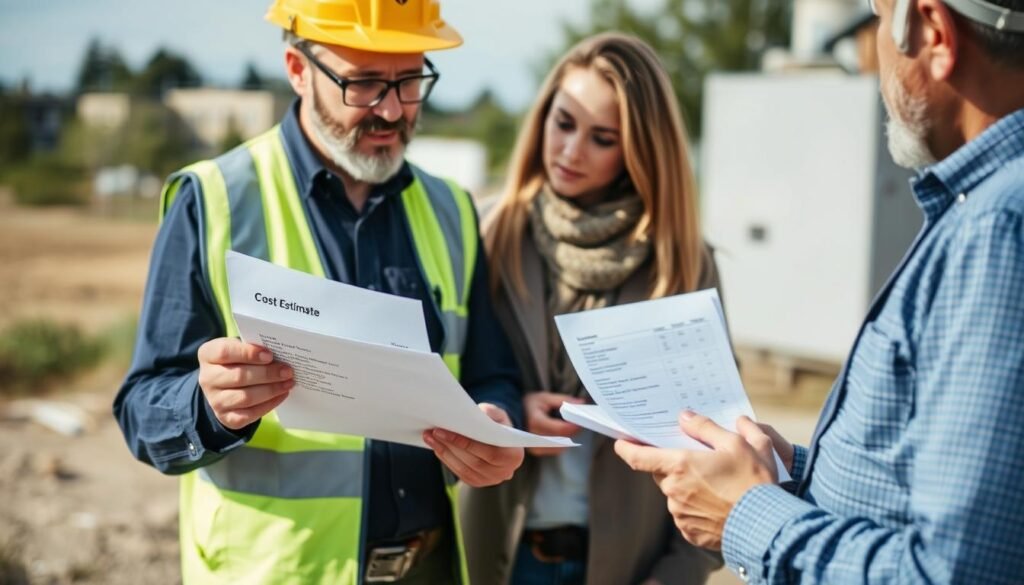 Surveyor discussing cost estimate with client