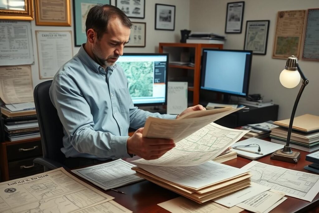 Surveyor researching property records and historical documents