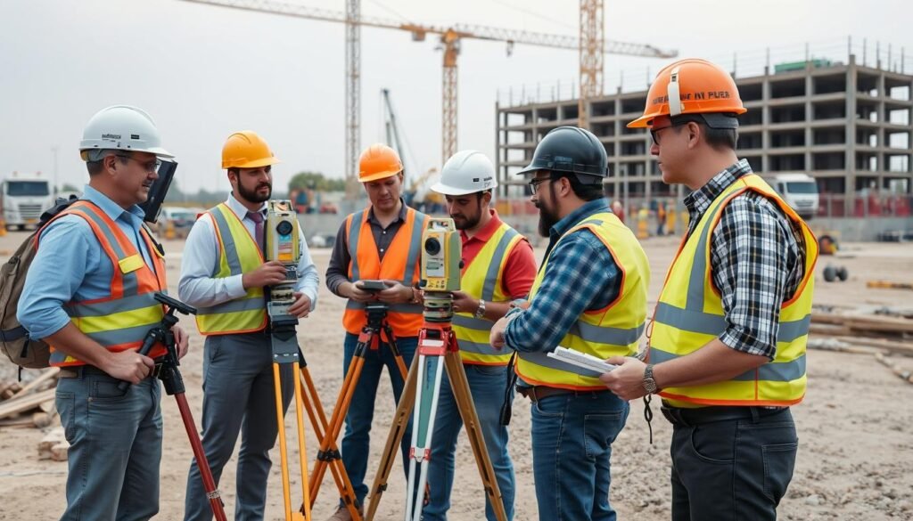 Surveyor team working on a large construction project