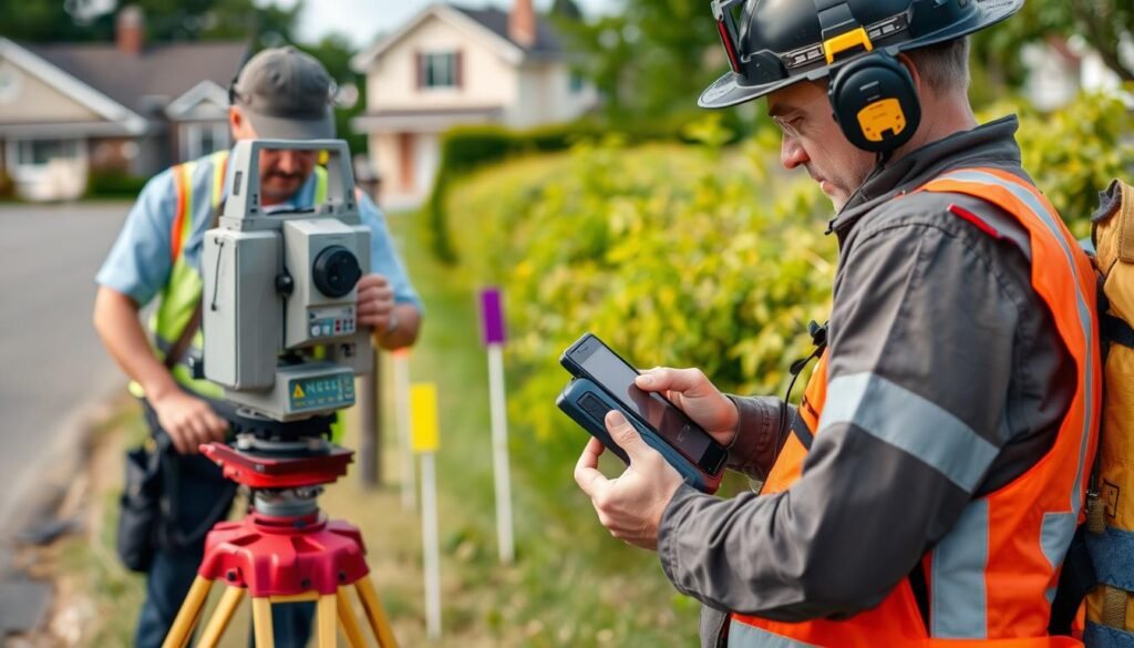 Surveyor working at a property boundary with modern equipment