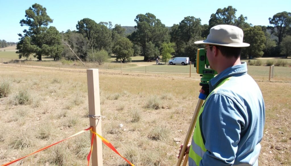 Surveyor working in the field marking property boundaries